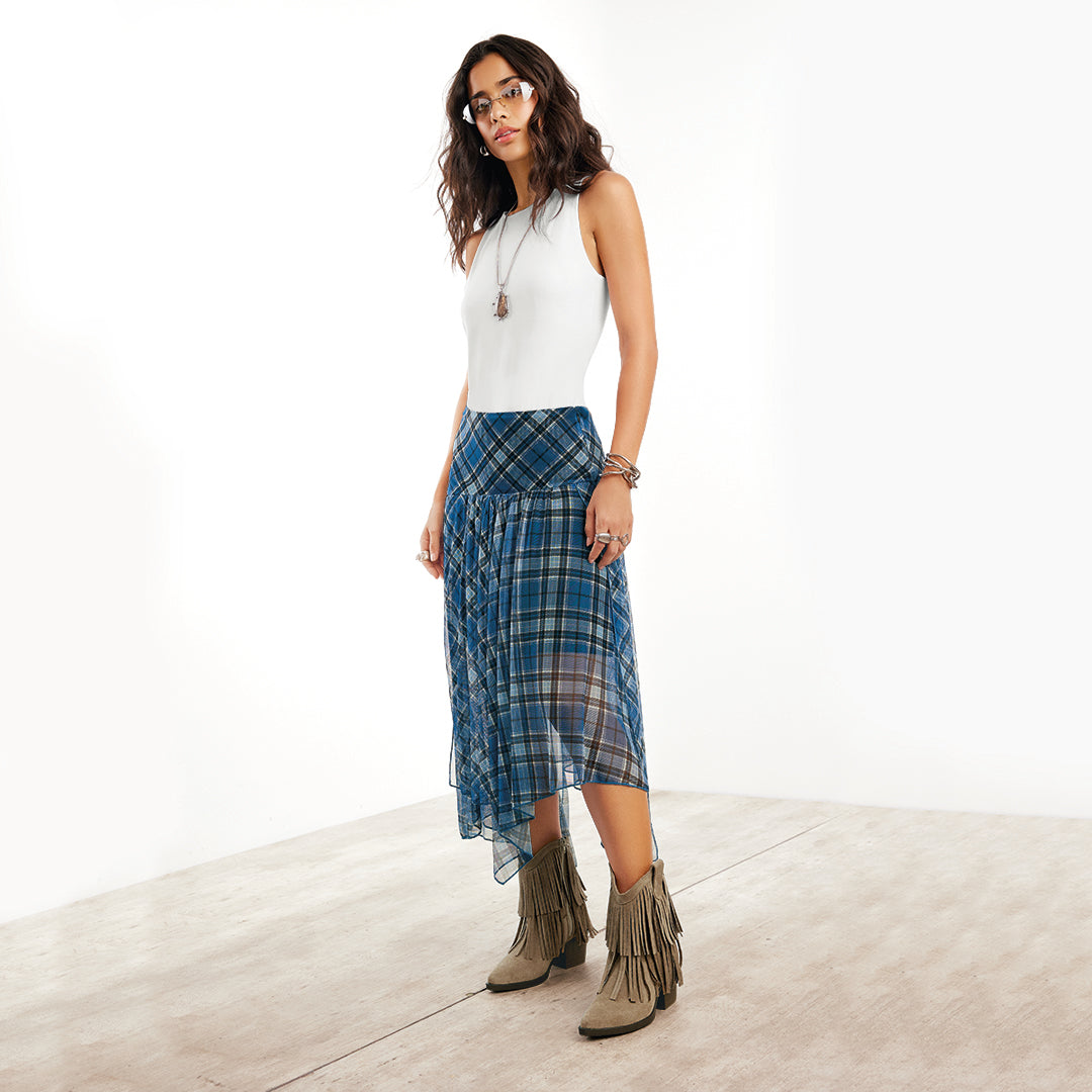 FALDA MIDI ASIMÉTRICA CUADROS AZUL 56611