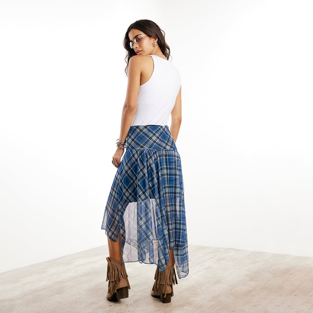 FALDA MIDI ASIMÉTRICA CUADROS AZUL 56611