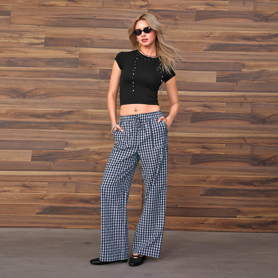 PANTALÓN RECTO CUADRO VICHY AZUL 92666