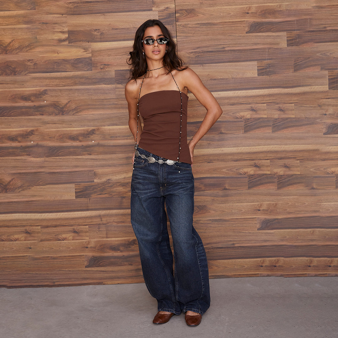 TOP STRAPLESS ASIMÉTRICO DRAPEADO CAFÉ 99572