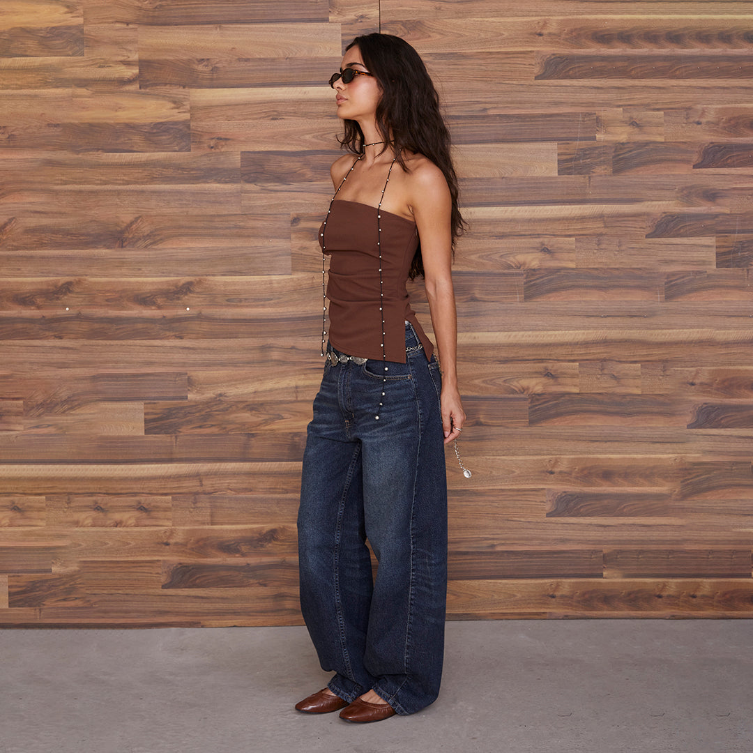 TOP STRAPLESS ASIMÉTRICO DRAPEADO CAFÉ 99572
