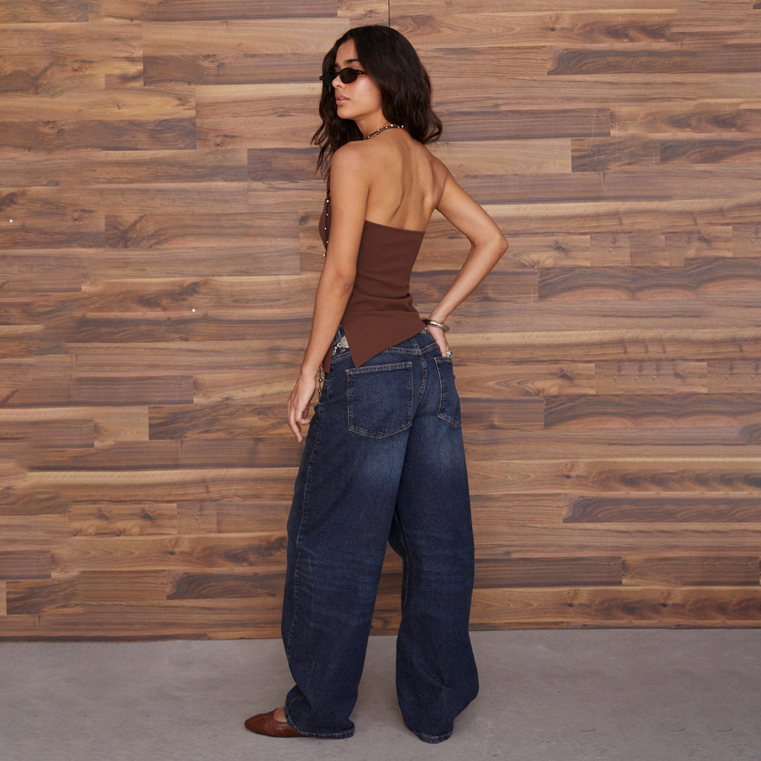 TOP STRAPLESS ASIMÉTRICO DRAPEADO CAFÉ 99572