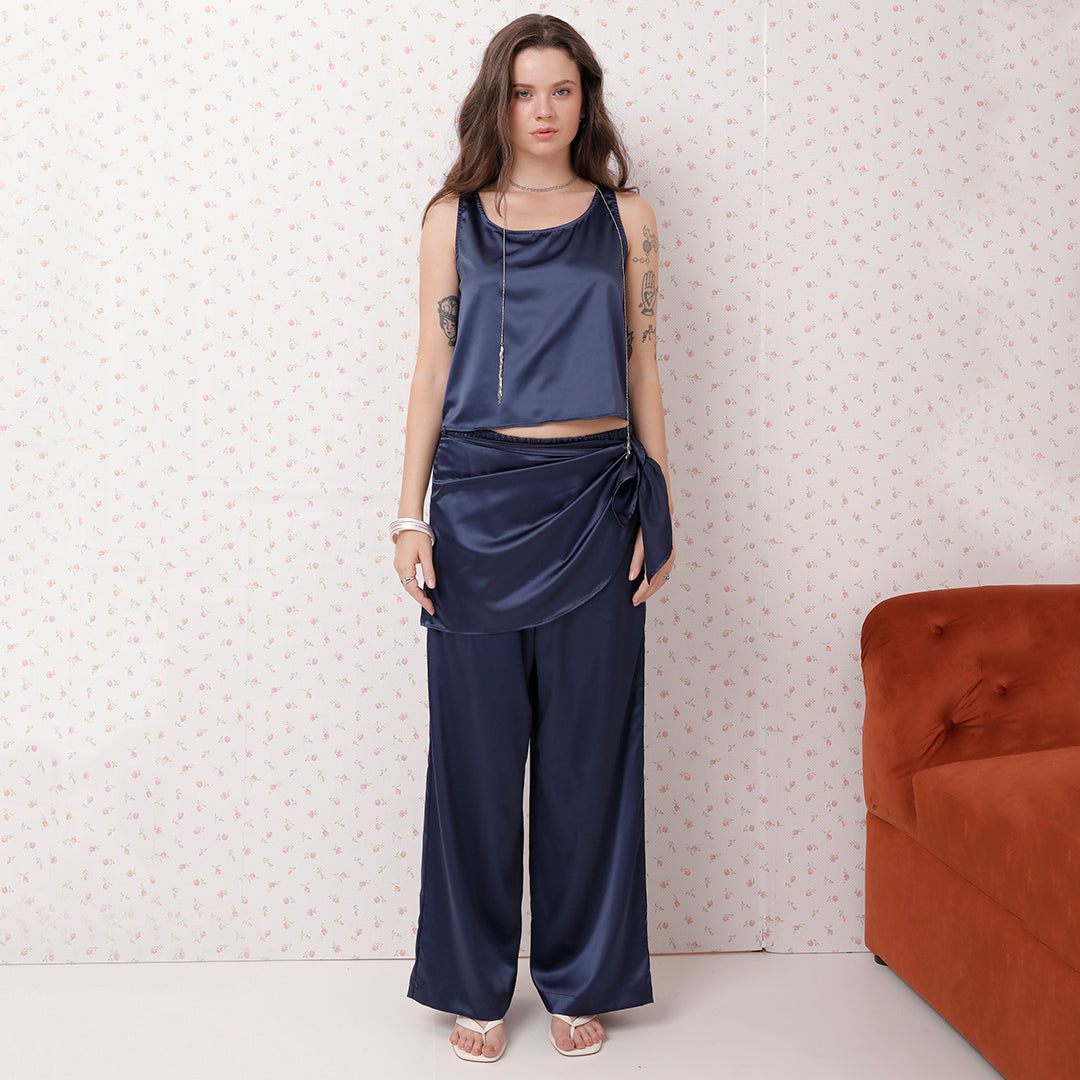 PANTALÓN SATINADO CON SOBREFALDA AZUL MARINO 54172